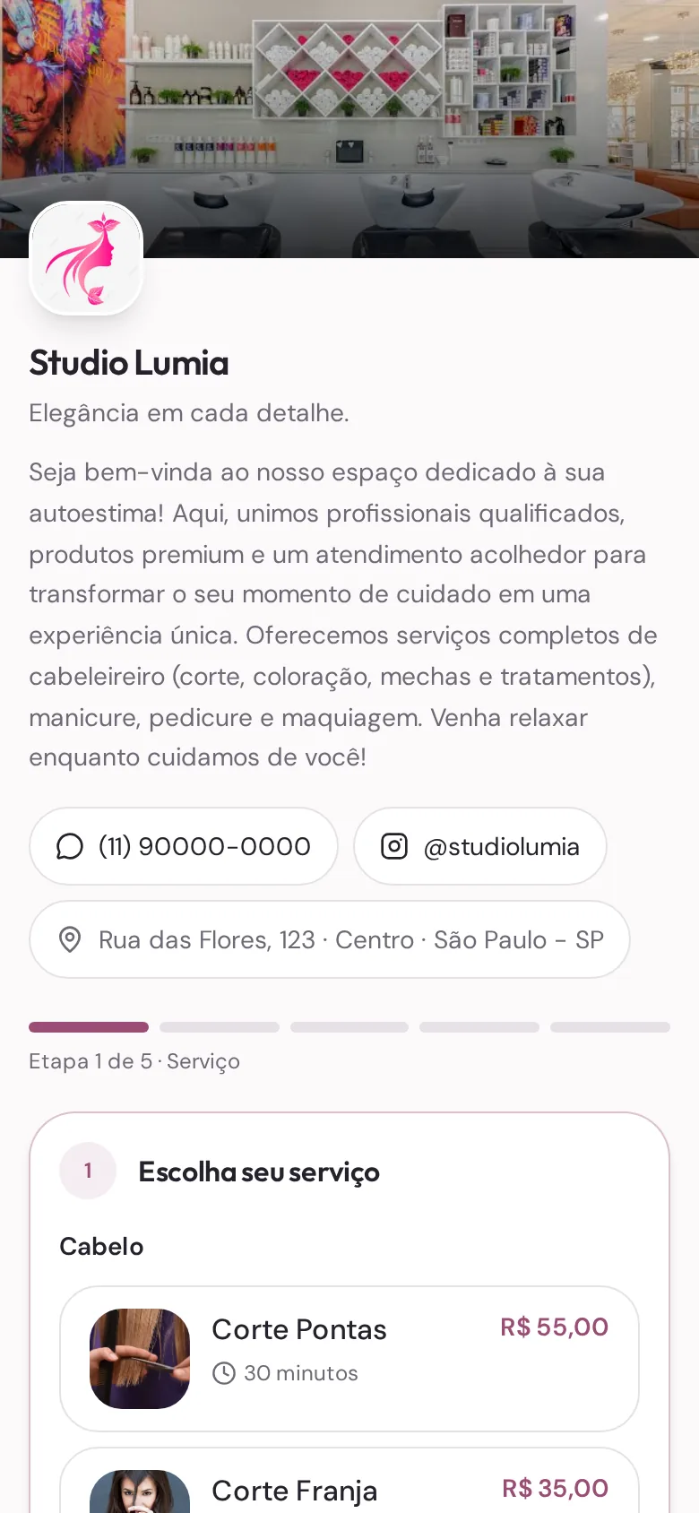 Página pública de agendamento do AgendaLumia no celular