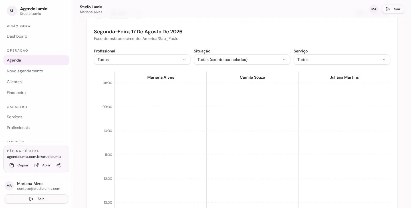 Tela real da Agenda do AgendaLumia, com colunas por profissional e horários do dia